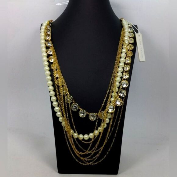 NWT Ann Taylor Goldtone Faux Pearl Layered Chain Necklace 32" - Picture 1 of 5